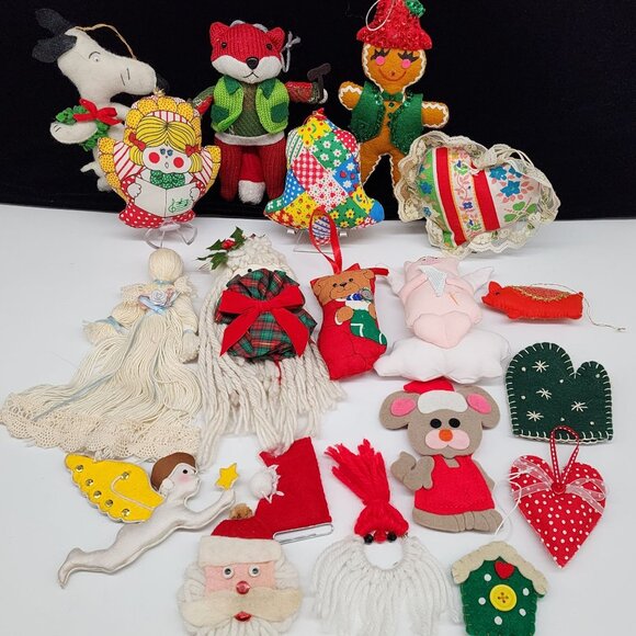 Vintage Handmade Christmas Ornaments Fabric Felt Sequin Yarn Angels Figures - Picture 1 of 9